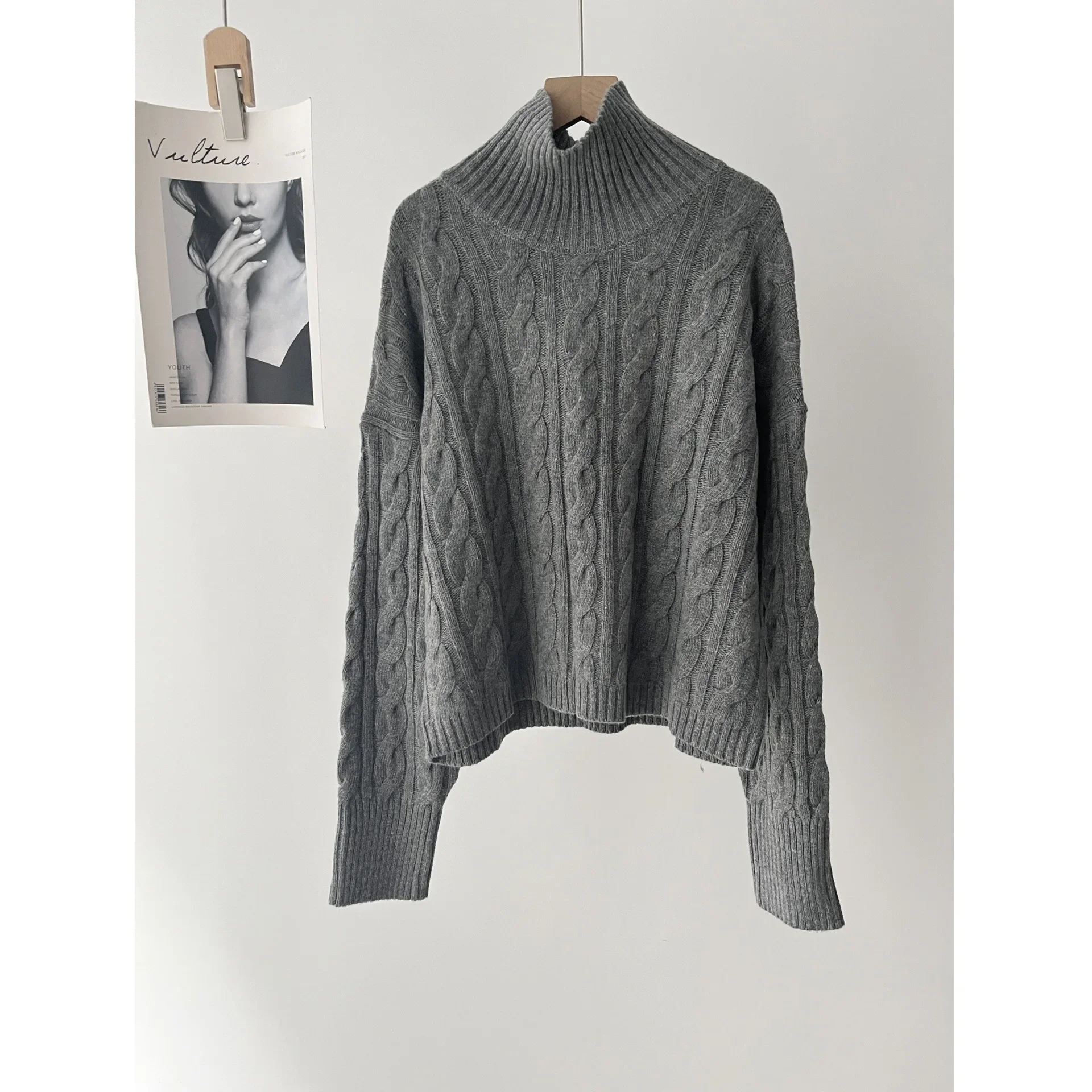 

Women's Grey Grey Ambience Twisted Turtleneck Sweater Long Sleeve Knitted Sweater Loose and Skinny