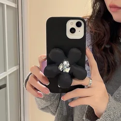 Cool Black Cotton Flower Leather Phone Case For iPhone17Pro Air 16Plus 15 14/13 12Pro 11 3-Sides PU Skinny Body Shell Protection