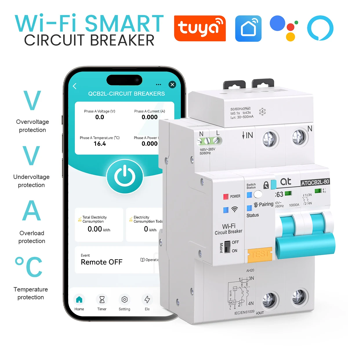 Tuya WiFi Slimme Automatische Schakelaar met Tijdinstelling, RCBO met Lekstroombeveiliging, Draadloze Afstandsbediening via Smart Life App