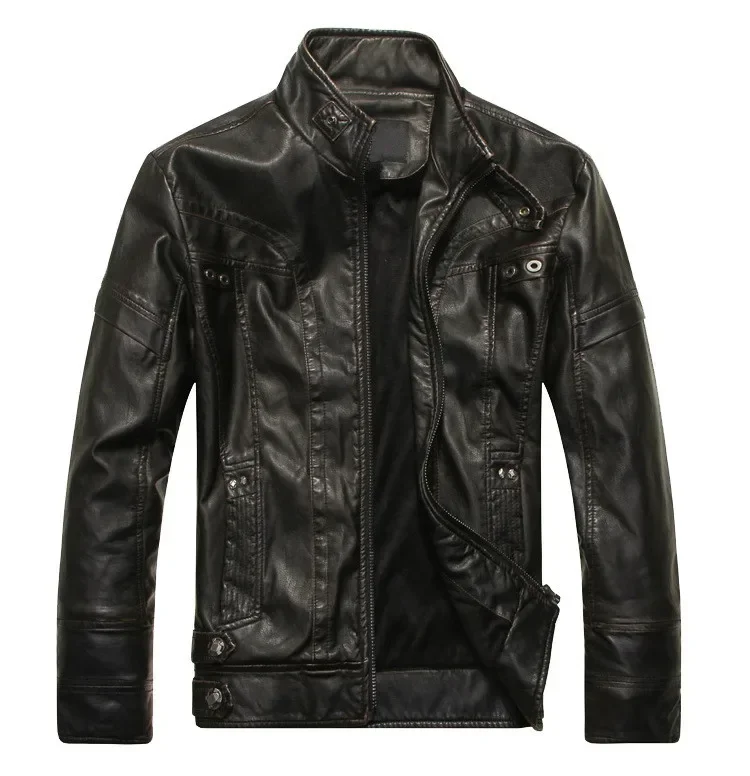 Mens Faux Leather Fashion Slim PU Leather Brown Motorcycle Jacket Biker Moto Jacket Male Plus Size 5xl Thick Winter Windbreaker