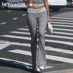 HEYounGIRL Fashion High Street Plaid Flare Pants Lace Bow Patchwork Y2K Women Skinny Trousers Chic Aesthetic Casual Outfits Slim