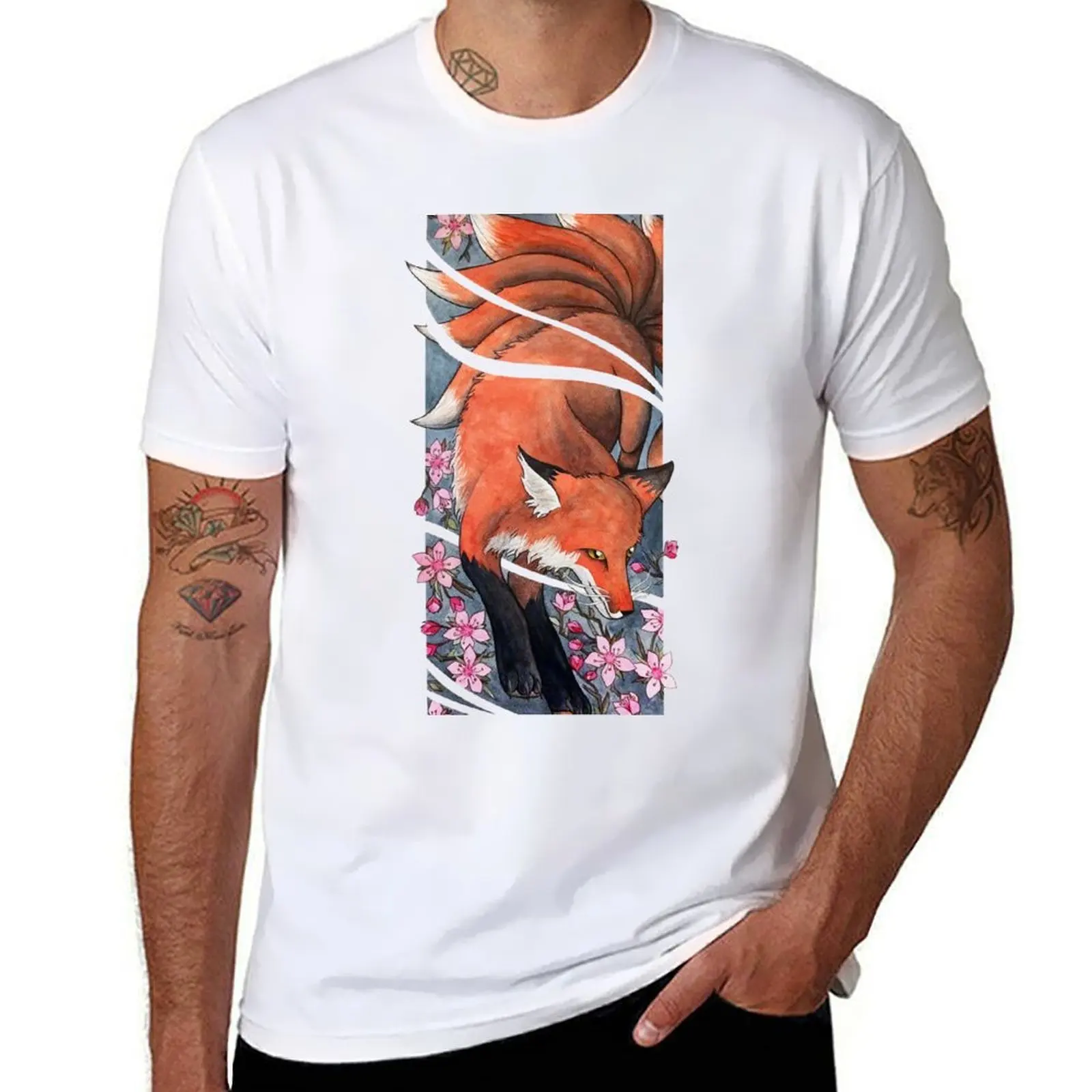 

Ninetailed fox / Kitsune with cherry blossoms T-Shirt funny t shirts cotton cotton t shirts high quality T-Shirt