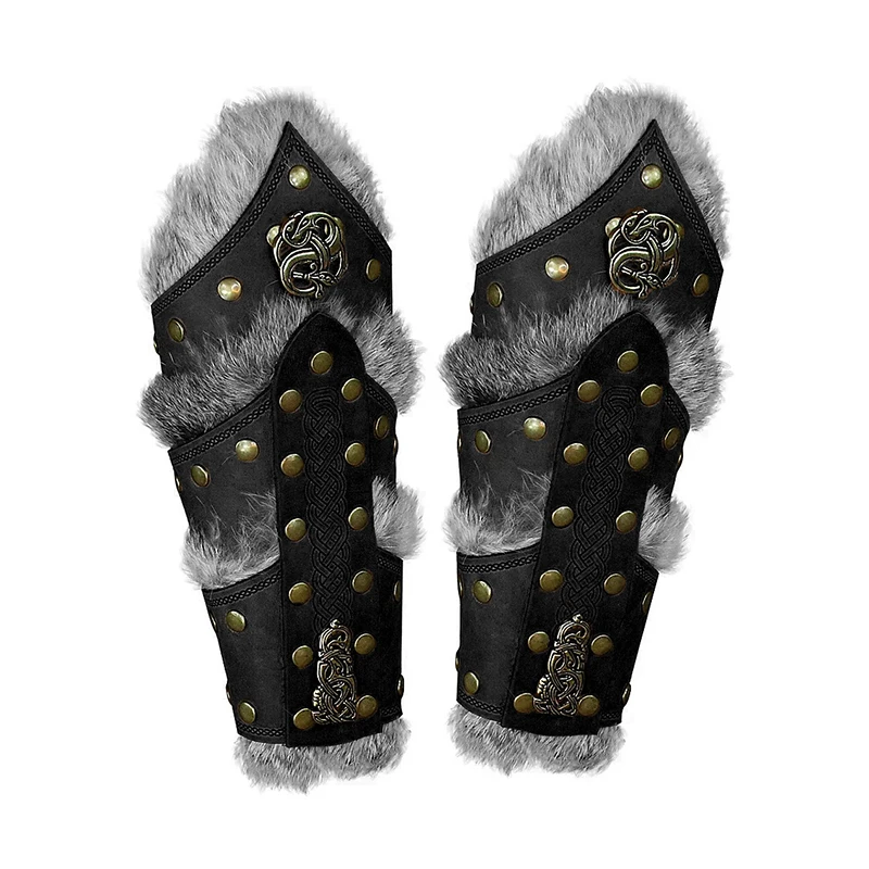 2 Pcs Medieval Renaissance PU Leather Armor Arm Warmers Velvet Fur Lace-Up Viking Knight Gauntlet Wristband Bracer Cosplay Props