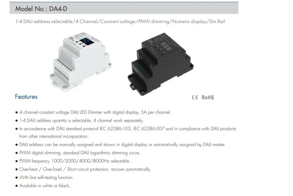 4CH*5A 12-24VDC CV DALI Dimmer DA4-D (Din Rail)（DT6) PMW Dimming 4 x (60-120)W Driver For Single Color RGBW Tape Strip Light