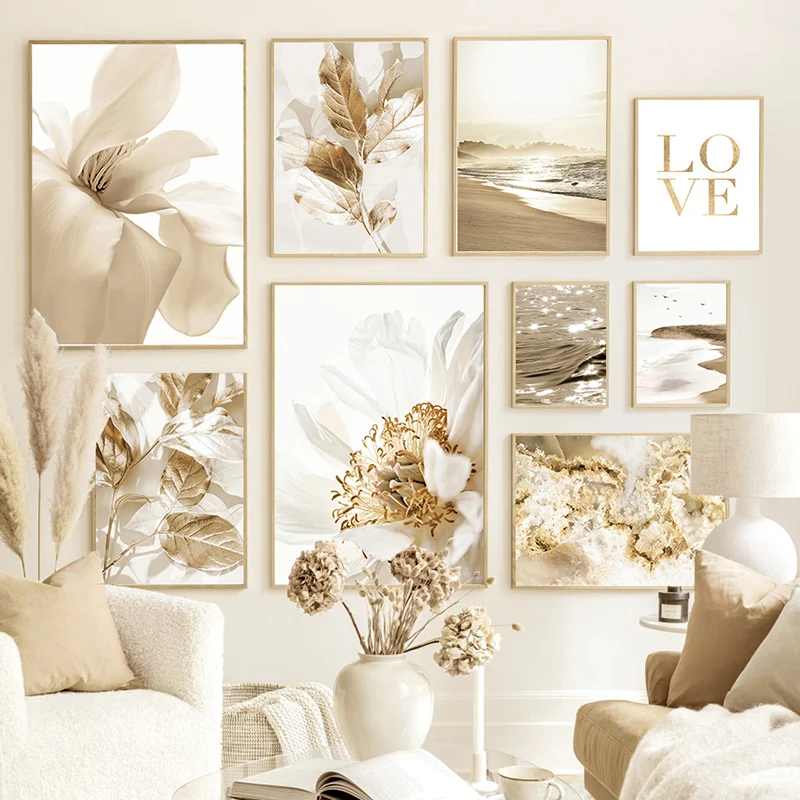 2026 Nordic Modern Art Picture Canvas Painting Wall Art Golden Leaf Beach Scenery Poster and Print for Home Dec Living Room Desi