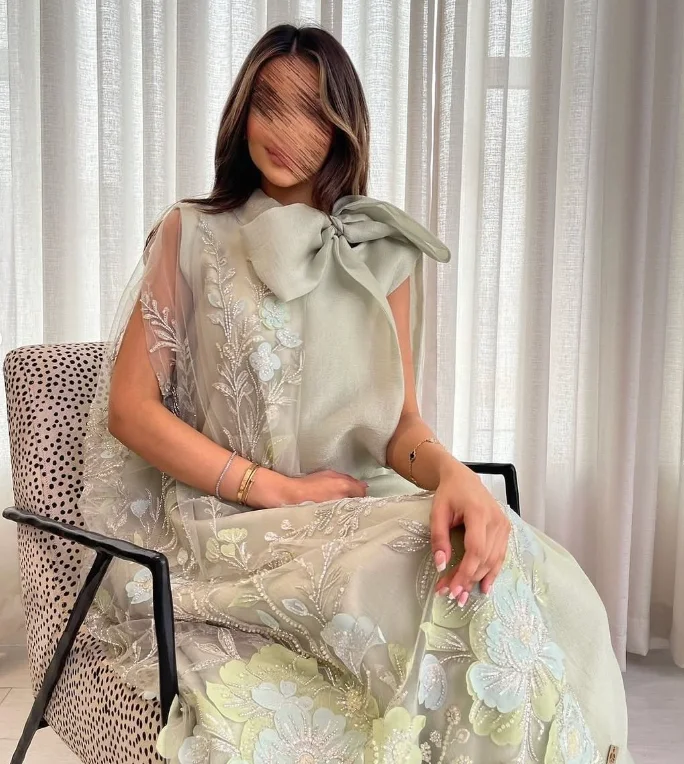 Customized High Quality Floor Length Sleeveless Bow Appliques Green Long Evening Dresses Formal Dress Women Elegant  فساتين سهرة image 4