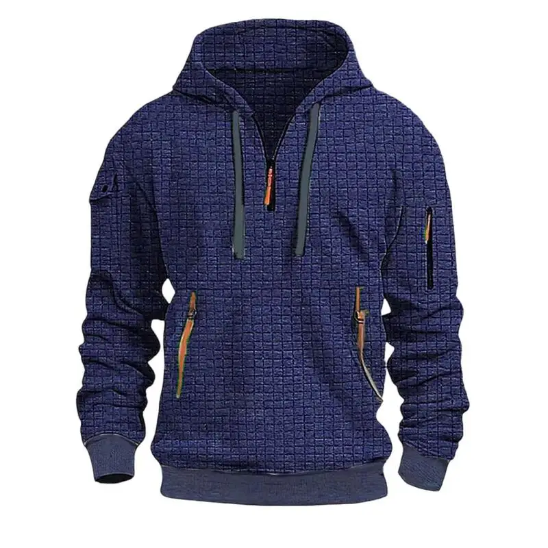 Fashion Hooded Hoodies Men Plaid Drawstring Long Sleeve Multi Pockets Half Zipper Casual Sweatshirts Male Pull On Hooded Outwear