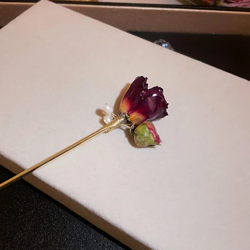 عصي شعر على شكل زهرة الورد الأحمر للنساء ، عود بزهور بسيطة ، دبابيس شعر ، تصفيفة شعر ، طراز صيني ، إكسسوارات أدوات الشعر #3