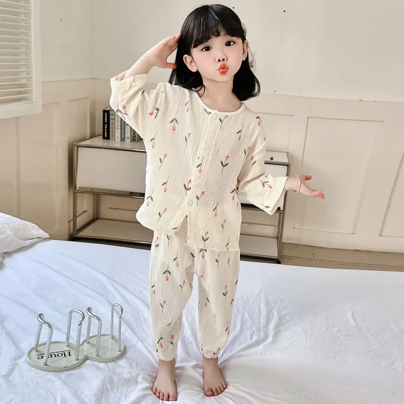 Muslin Cotton Short Sleeve Homewear Children Family Outfits Shirt Tops+Pants 2PC 1-10T Boys Girls Pajamas Baby Suits Clothes