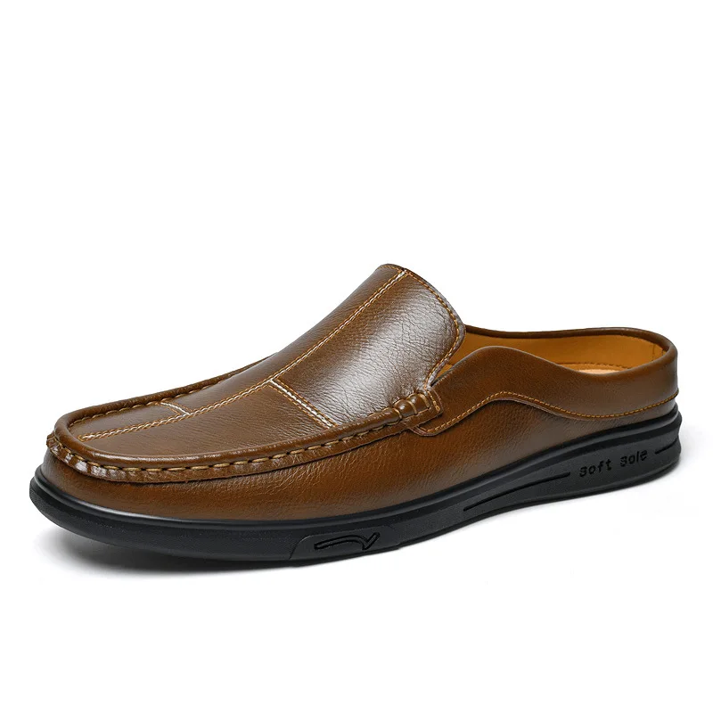 Cow Leather Men's Mules Slip-On Loafers Half Shoes for Men Leather Slippers Backless Flats Summer Men's Casual Driving shoes