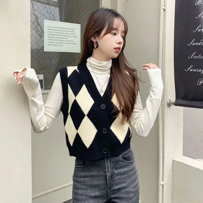 

Japan Preppy Style Knit Vests Women Retro Argyle Fashion High Street Schoolgirl Sleeveless V-neck Basic Autumn Popular Harajuku