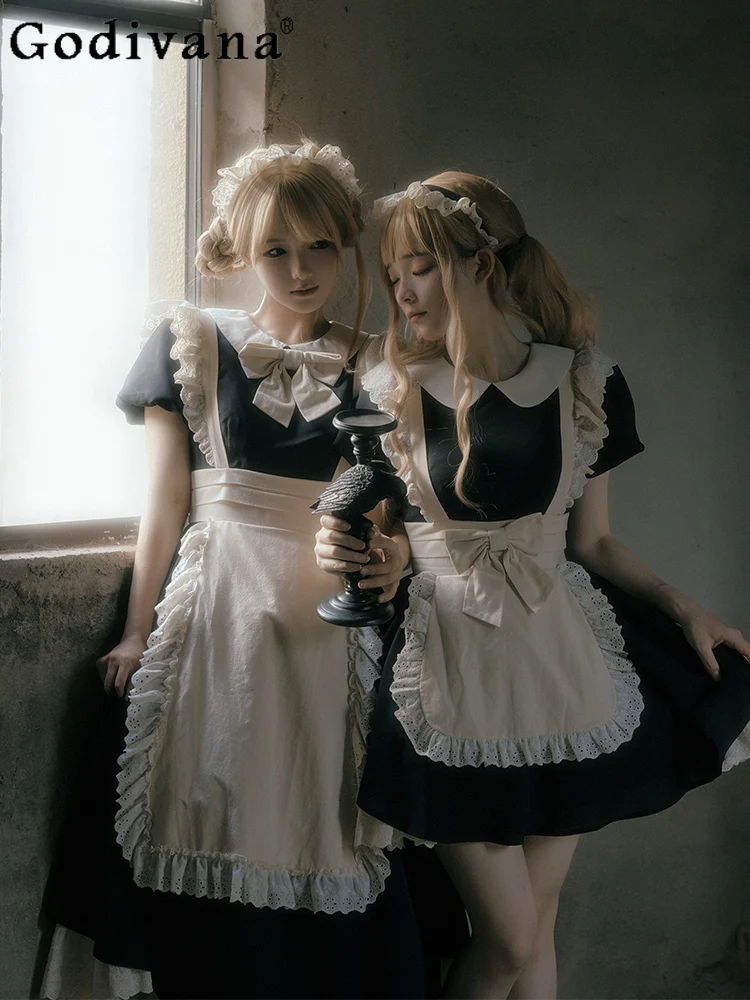 

Classic Black White Lolita Cos Maid Lace Sweet Bow Short Dress Girl Summer Big Swing Short Sleeve High Waist Japanese Dresses