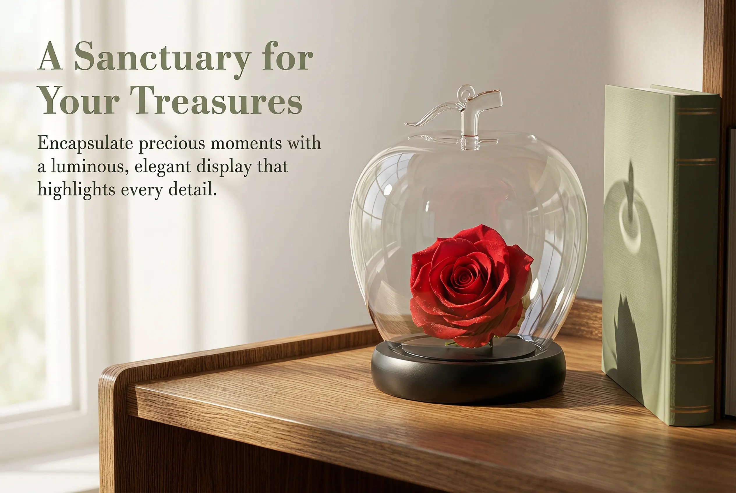 Preserved Flower Glass Dome with Glowing Wooden Base Elegant Desktop Decor for Eternal Roses Micro Landscape Display Clear Bell
