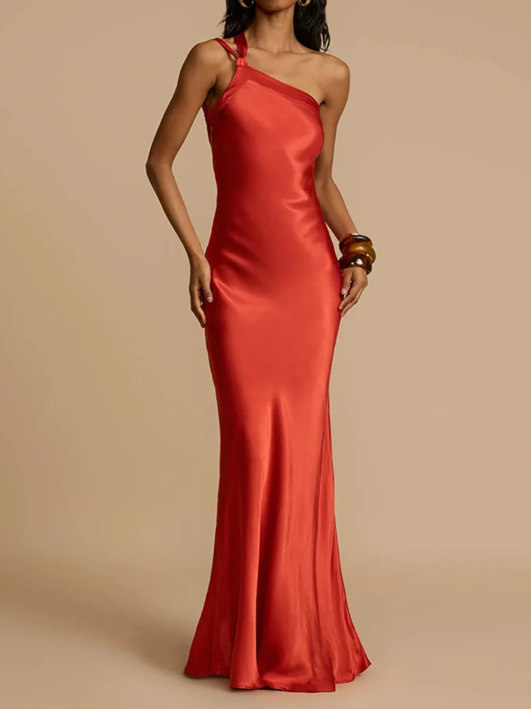 2024 Summer Women Solid Patchwork Maxi Dress, Loungewear Sleeveless Skew Collar Party Dress, New Backless Fashion Ladies Dress