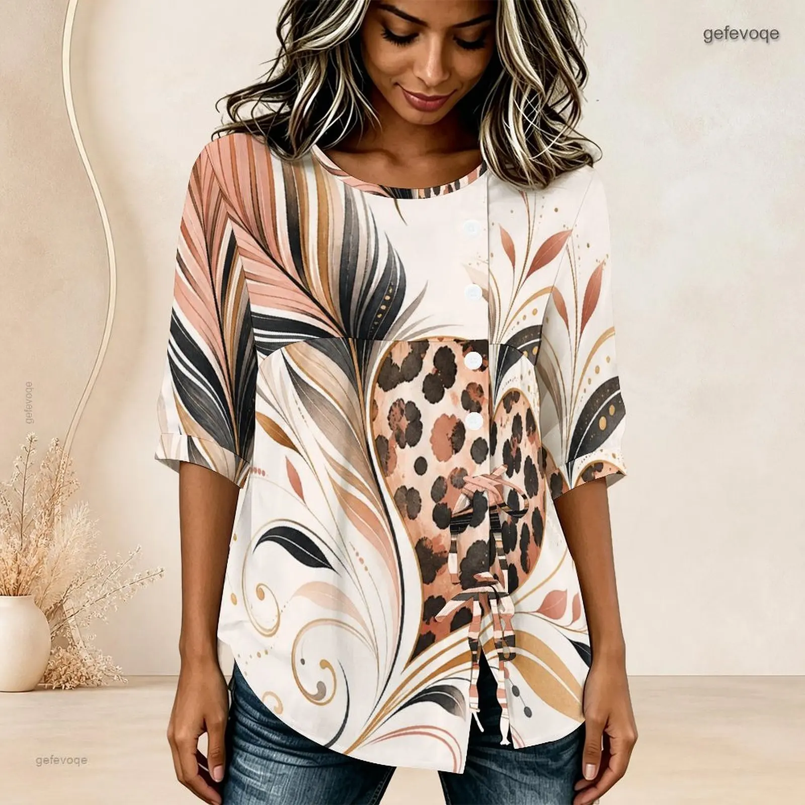Women Printed Blouse Round Neck Half Sleeve Gathered Front Button Detail Tie Hem