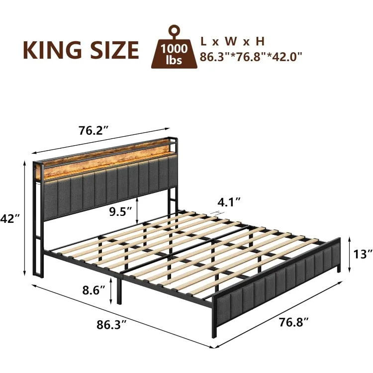 King Bed Frame with Charging Station, Upholstered King Size Bed Frame with LED Lights Headboard, No Box Spring Needed