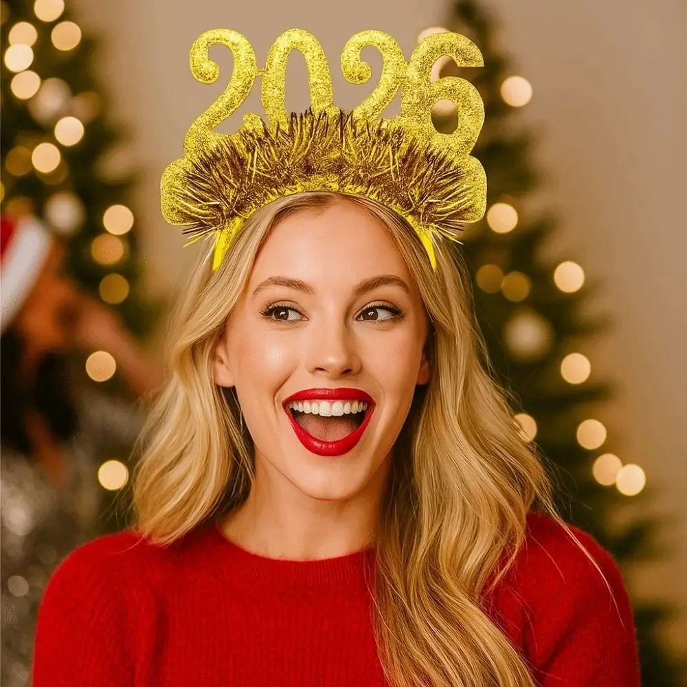 

Sequin 2026 Happy New Year Headband Sweet Creative New Year Decorative Headdress Headwear Colorful Glitter Hair Hoop Cosplay