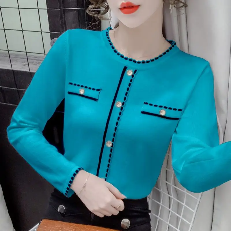 2024 Spring Autumn New Temperament Patchwork Slim Knitting Bottoming Shirt Interior Lapping Ladies Sweater Top Tee Women Clothes