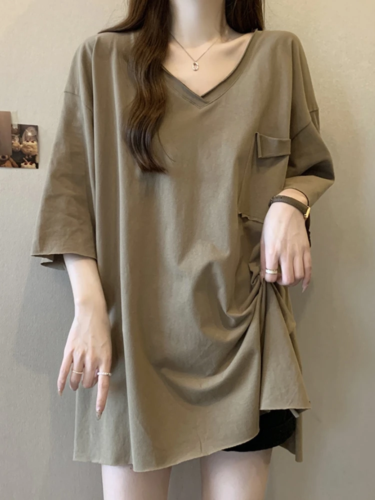 Ladies Loose Short Sleeve T-Shirt Summer Bottoming Shirt plus Size Slimming Medium Length Cover Butt Top Korean Style V-Neck