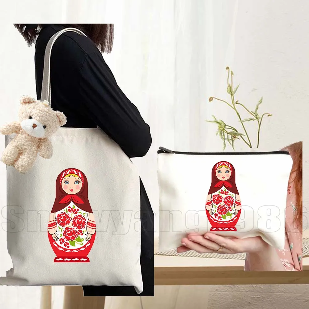 3pcs Matroshka Russian Dolls Moscow Kremlin Russia Colorful Khokhloma Art Canvas Shoulder Totes Bag Handbags Cotton Shopping Bag