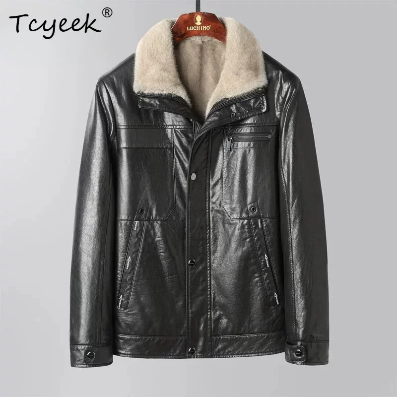 Tcyeek Natural Sliver Blue Mink Fur Coat Men Oil Wax Cowhide Real Leather Jacket Man Warm Winter Clothes Fashion Slim فراء رجالي