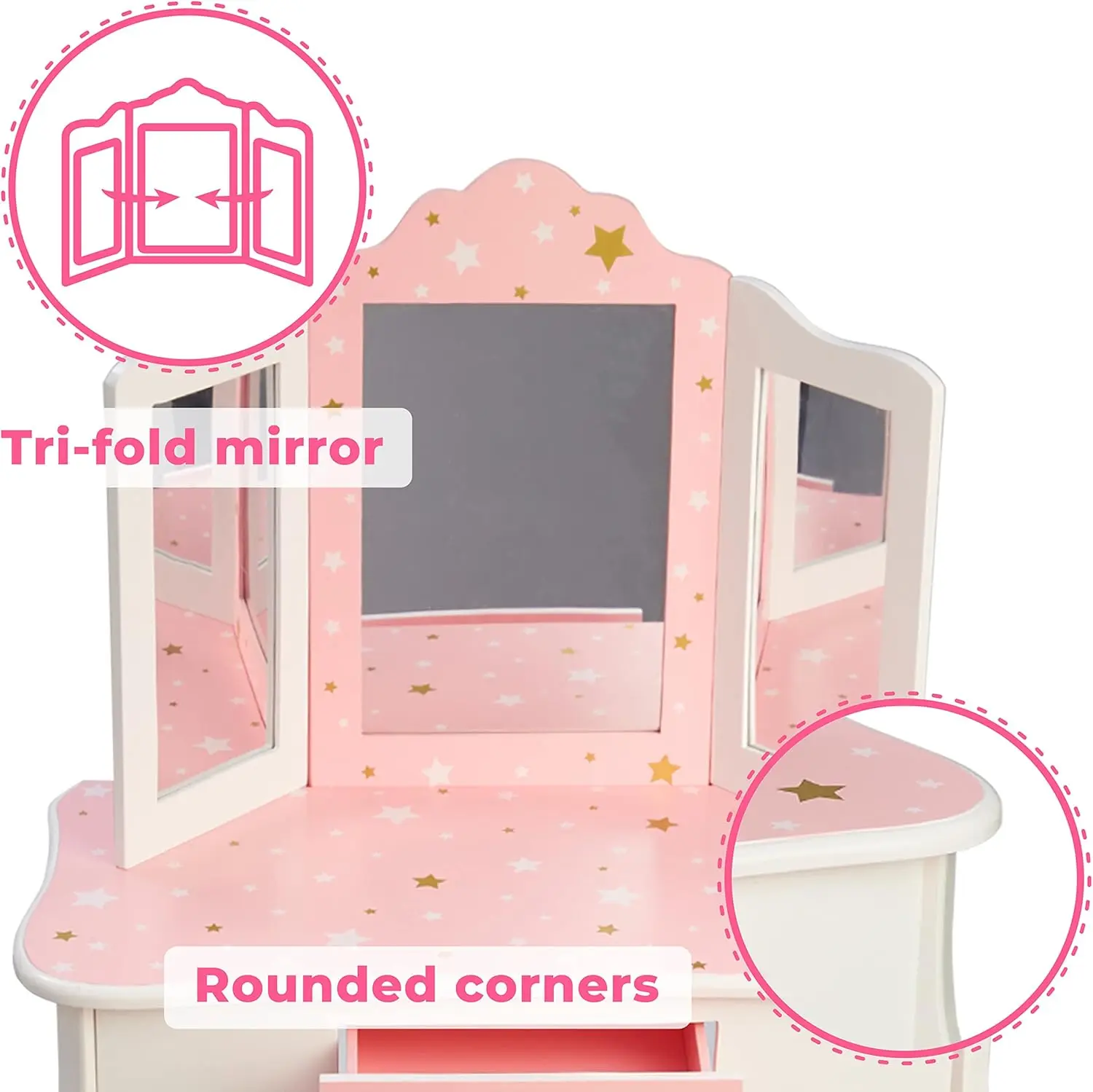 Kids Wooden Play Vanity Set with Table, Mirror, Drawer & Stool in White Pink Gold Star Design