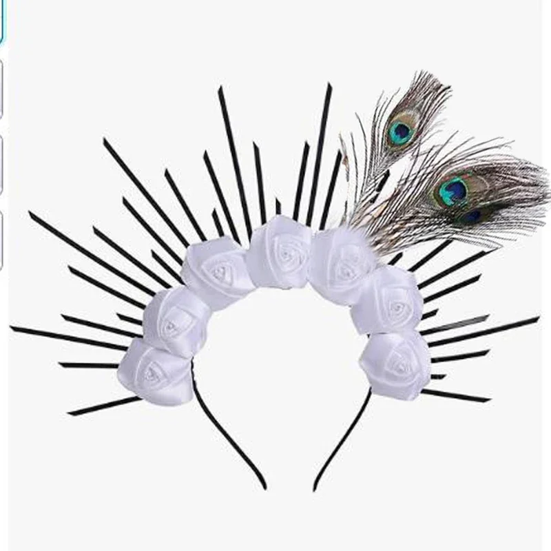 NEW Peacock Feathers Rosebud Gold Spike Halo Crown  Headpiece  Wedding Bride Hair Band Tiara