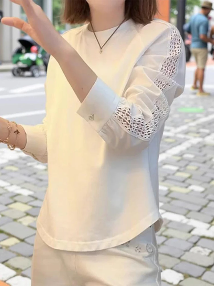 

Белая футболка с кружевной отделкой и длинными рукавами, женская повседневная модная новинка весеннего сезона, универсальный базовый топ