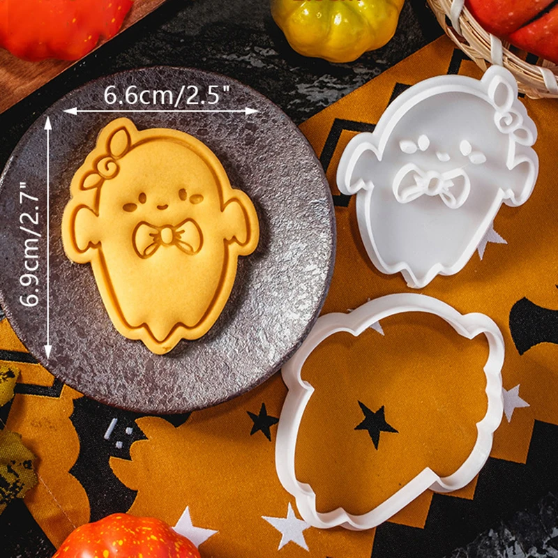 Cute Spooky Ghost Cookie Mold Halloween 3D Plastic Biscuit Mould Cartoon Ghost Cookies Press Mold Holiday Gift Baking Tools