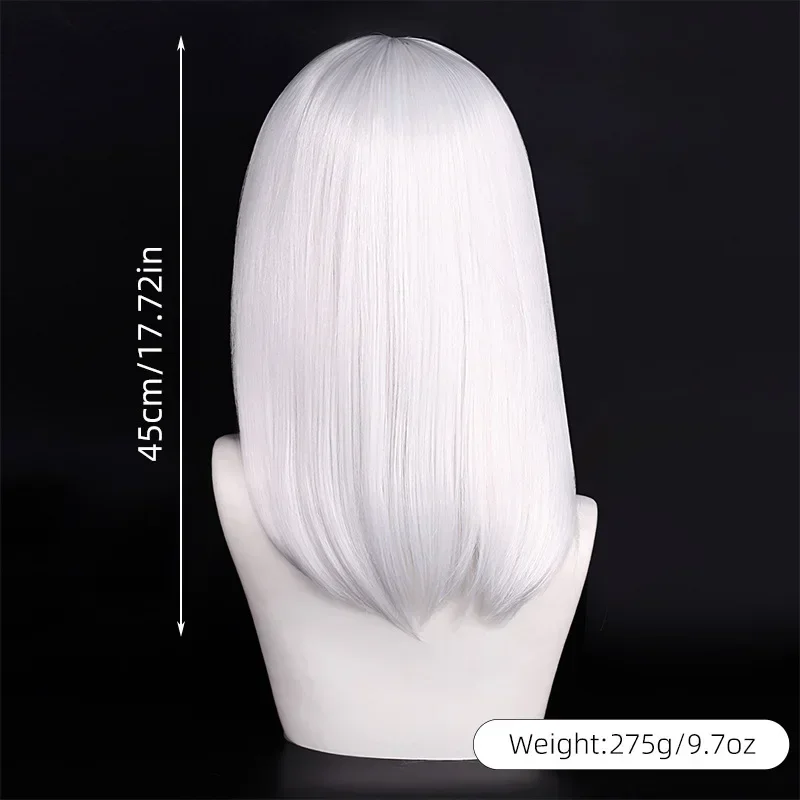 Neue 45cm Mittellange Anime Cosplay Perücke mit Pony in Blond, Schwarz, Weiß, Rot, Pink, Grün, Braun, Gold, Blau, Hitzebeständige Synthetische Haarperücken – Detail 6