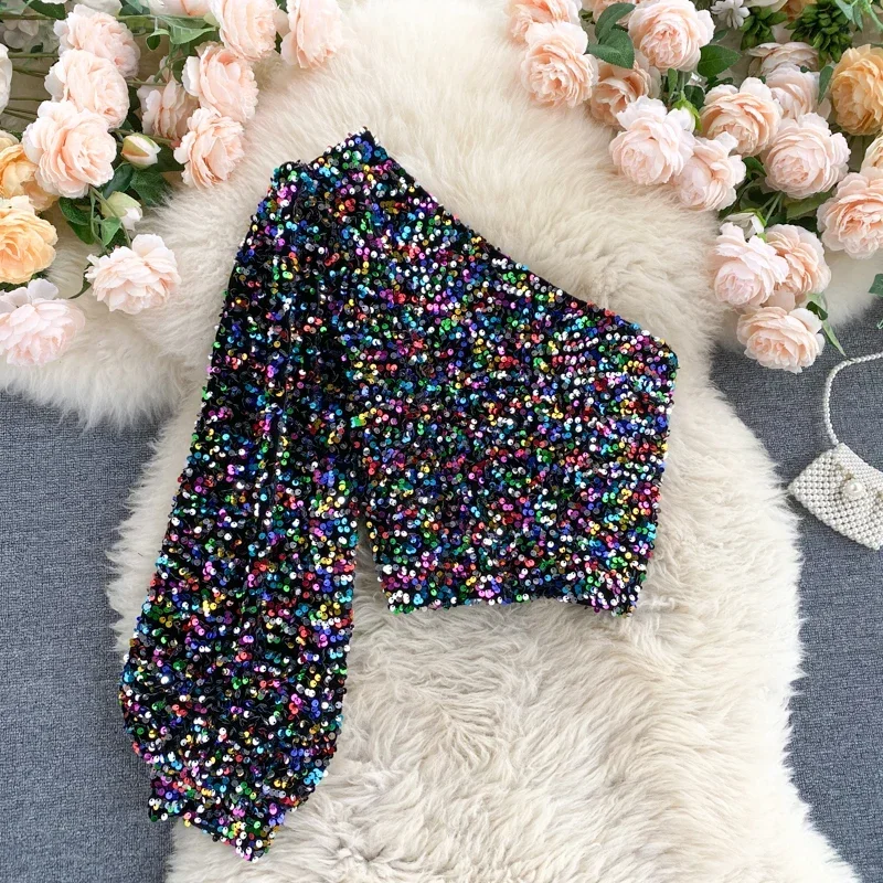 

2023 Spring Autumn New Product Oblique Collar T-shirt Strapless Unilateral Puff Sleeve Slim Fit Short Sequined Top