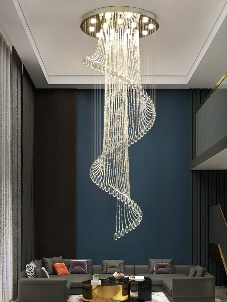 Stair Chandelier Modern Simple Atmosphere Villa Hollow Ceiling Loft Rotating Crystal Living Room Duplex Floor Chandelier