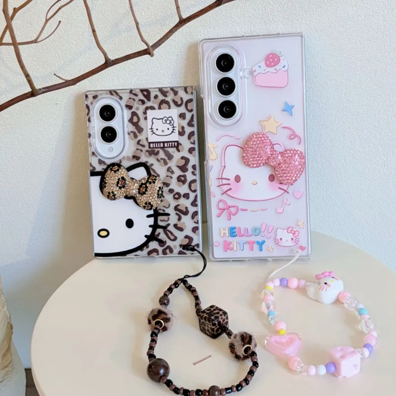 Cute 3D Hello Kitty Phone Case with Lanyard Kawaii Cartoon Clear Shockproof Cover for Samsung Galaxy Z Fold 8 8 Ultra 7 6 5 4 3
