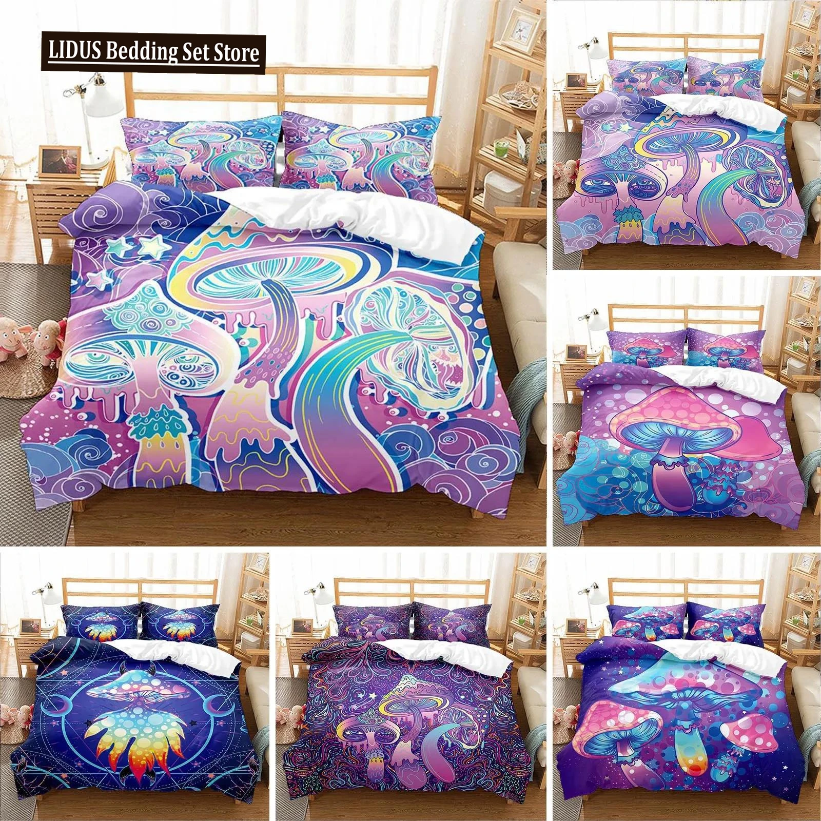 

Colorful Mushroom Duvet Cover Microfiber Mandala Pattern Bedding Set For Kid Teen Boys Girls,Bohemian Magic Mushroom Quilt Cover