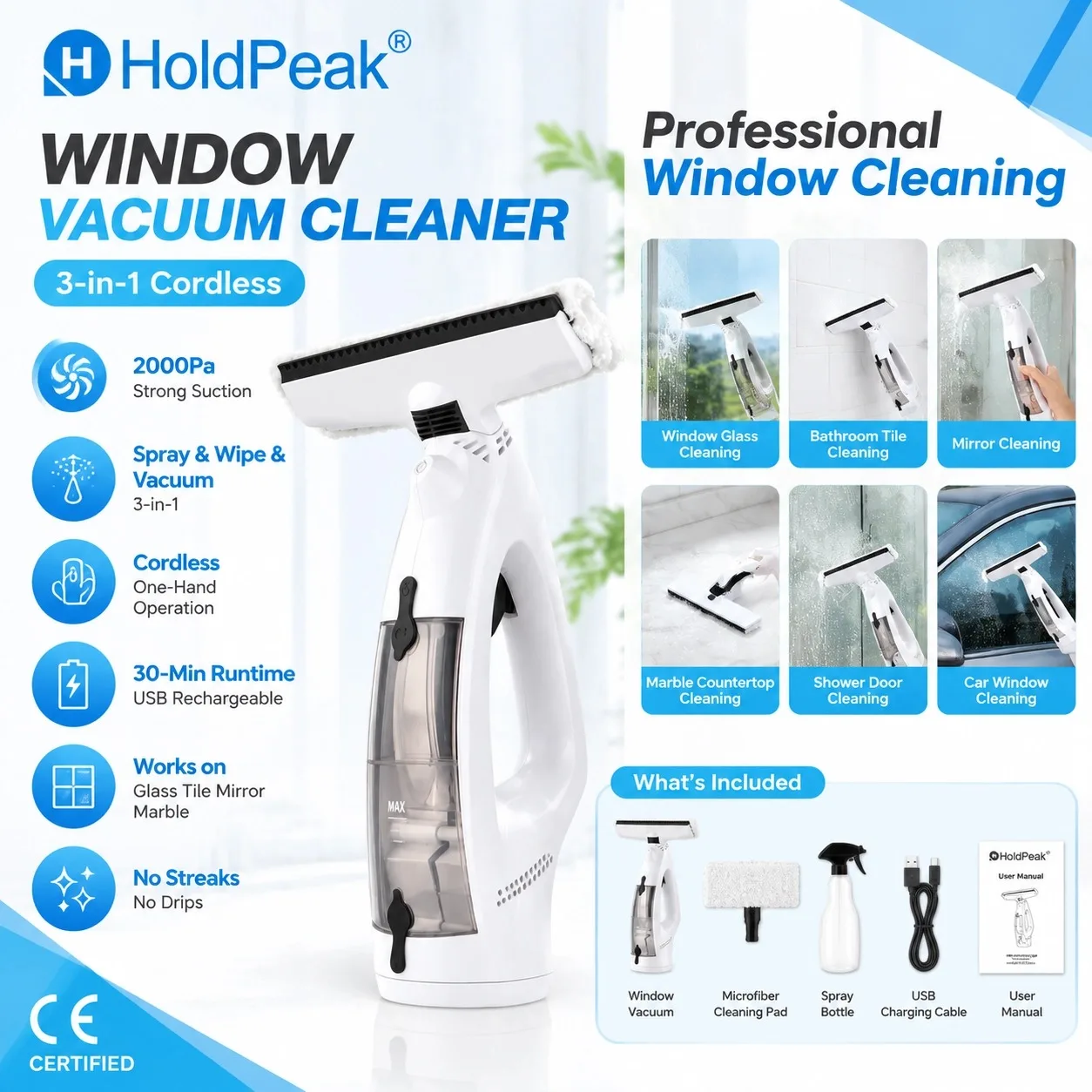 3-in-1 Electric Window Cleaner Cordless 2000Pa Suction Spray Wipe Vacuum Squeegee Streak-Free Rechargeable for Glass