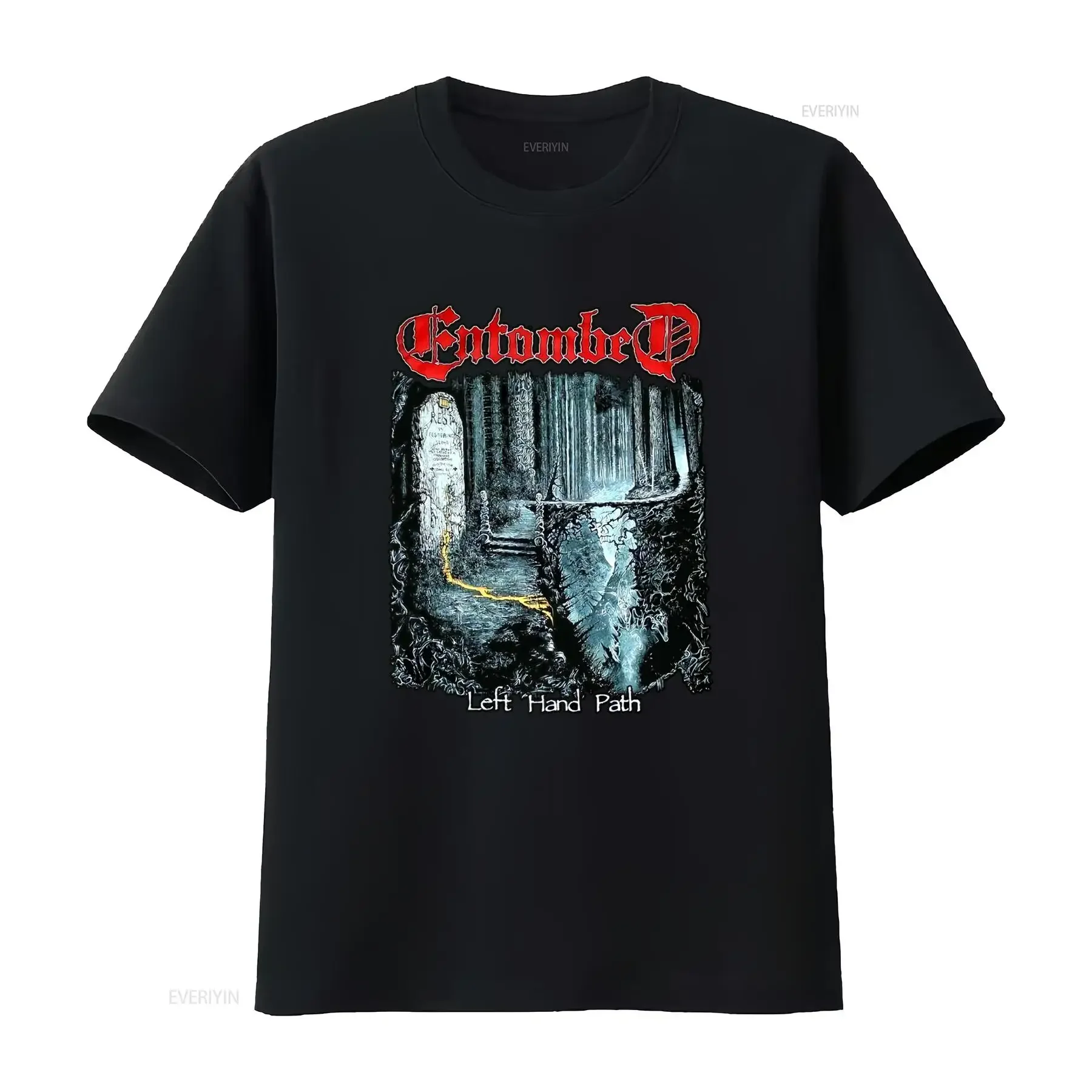Men'S Entombed 4 T Shirt Heavy Metal with Graveyard Gothic Lettering Casual Round Neck for Concerts vintage Washed Comfortable