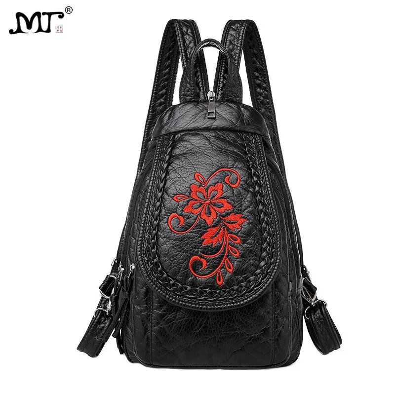 MJ Women PU Leather Backpacks Small Travel Bag Female Soft Leather Bagpack Ladies Embroidery Backpack