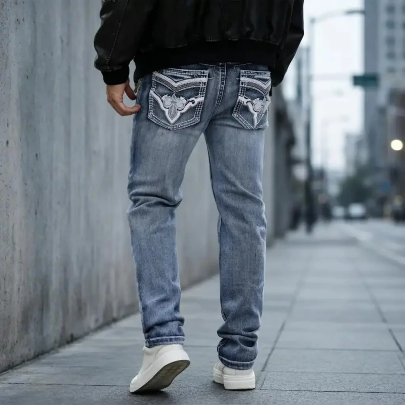 

Мужские модные джинсы больших размеров, уличная мода, винтажный дизайн с вышивкой, брюки прямого кроя, корейский стиль, мода High Street, Ela