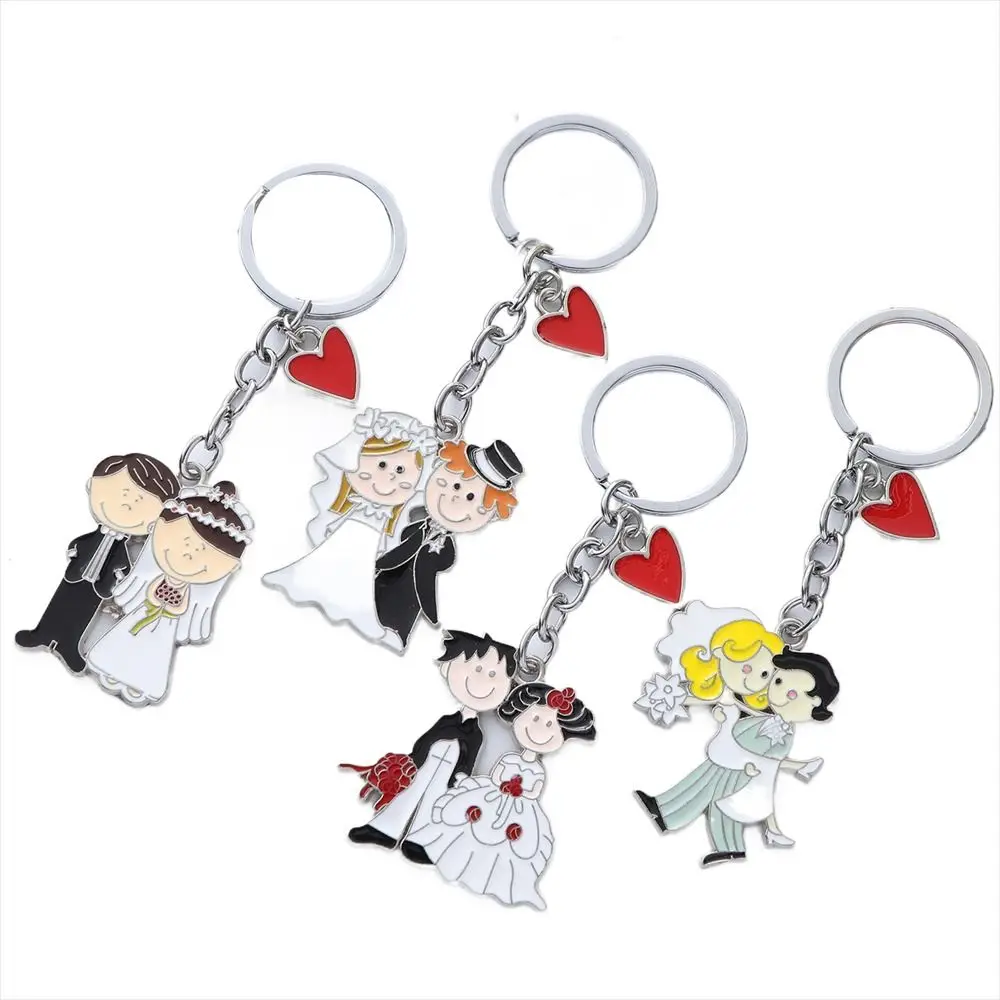 Lovely Enamel Bride Keychains Wedding Dress Heart Love Bridegroom Keychains Metal Cartoon Couple Key Ring Souvenir