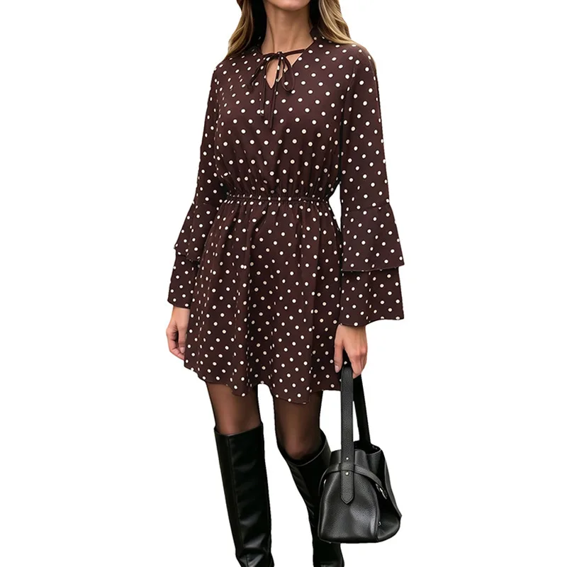 MsChuh Women's Casual Dresses Polka Dot Tie Neck Mini Dress Double Layer Flare Sleeve Waist Cinched Ropa Mujer Elegant Outfit