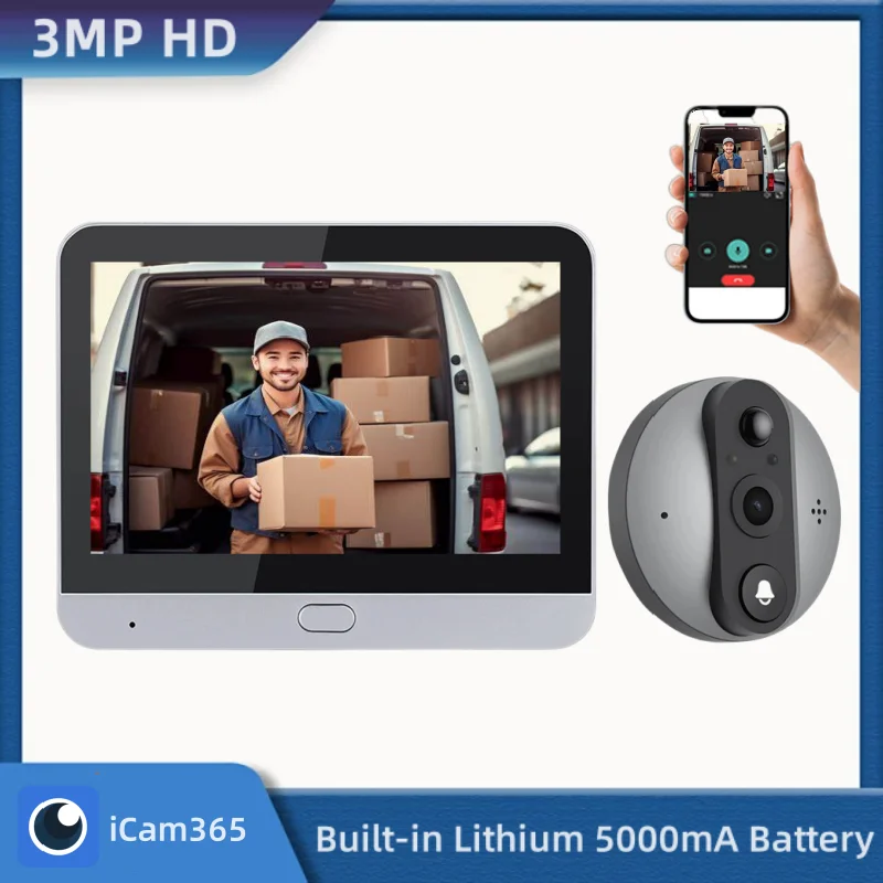 3MP iCam365 Wireless Video Eye Door Bells 2.4G WIFI Digital Door Peepholes With Camera Doorbells Support PIR and Two Way Audio