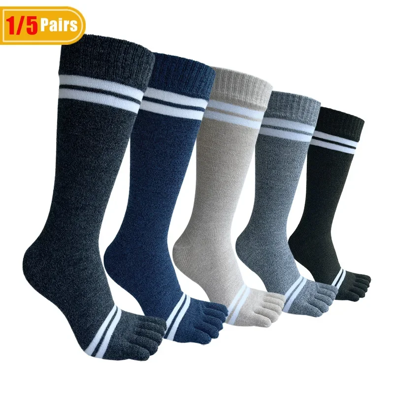 

1/5 пар мужских носков, длинные хлопковые полосатые деловые повседневные винтажные вечерние платья, дышащие антибактериальные теплые носки с пятью пальцами
