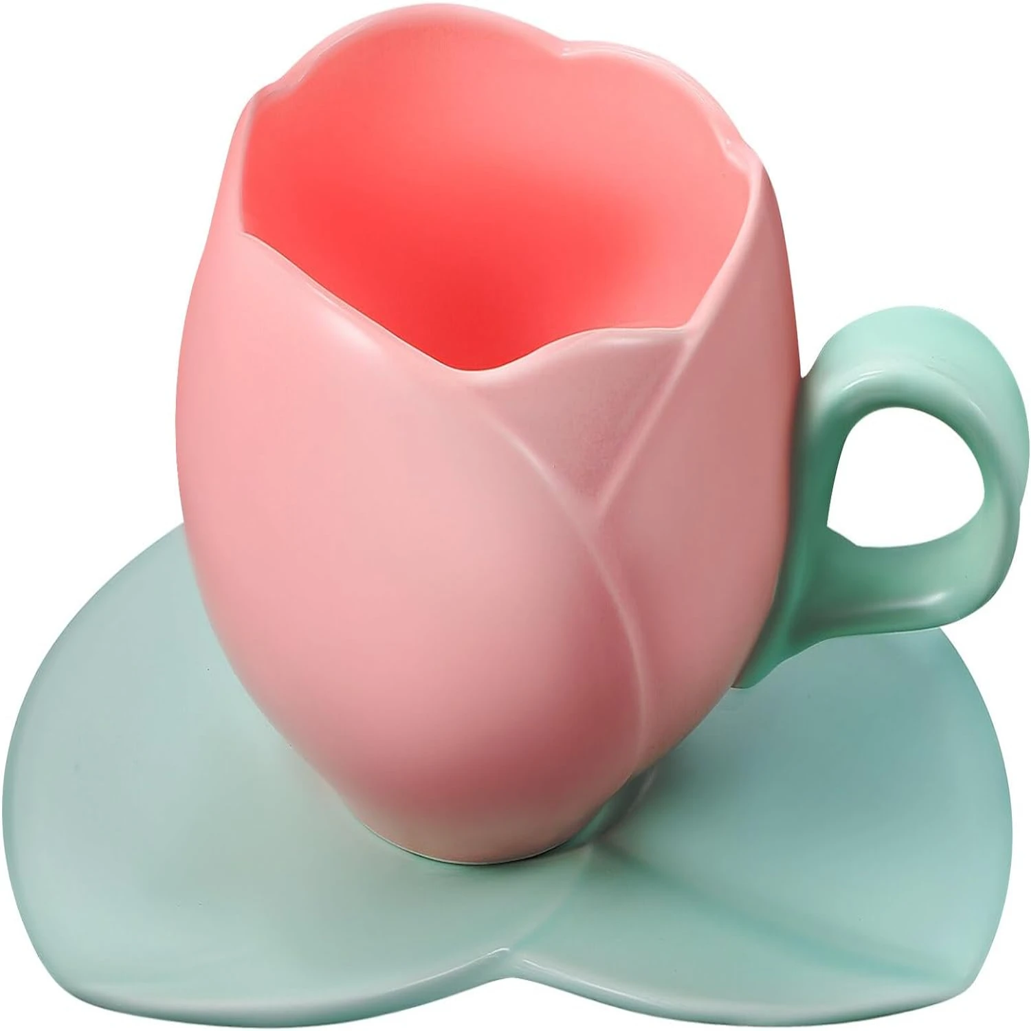 Perfect Lovely Adorable Pink Ceramic Tulip Coffee Mug and Saucer Set - Beautiful Creative 300ml Latte Tea Milk Water Cup - Charm