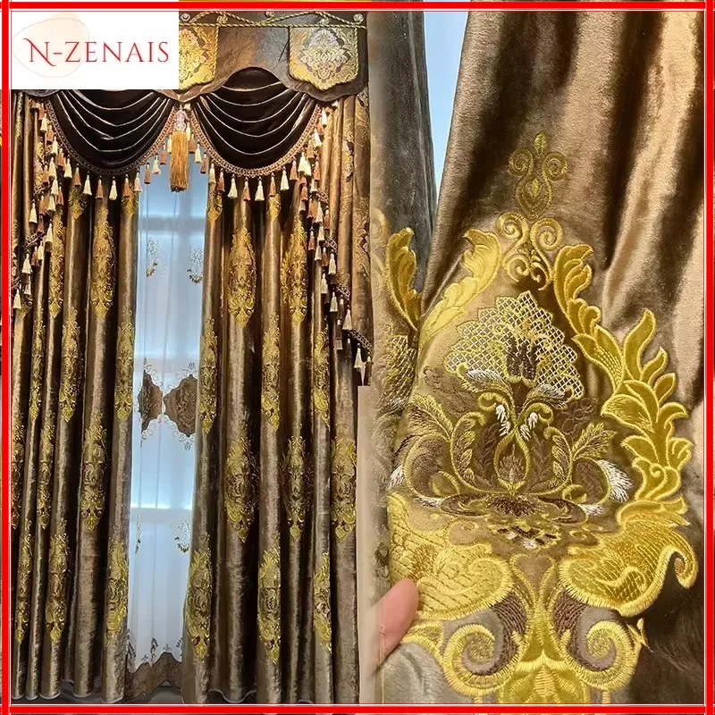 

Brown Luxury European Thickened Jacquard Curtains for Living Room Cloth Court Blackout Elegant Bedroom Valance Embroider Tulle