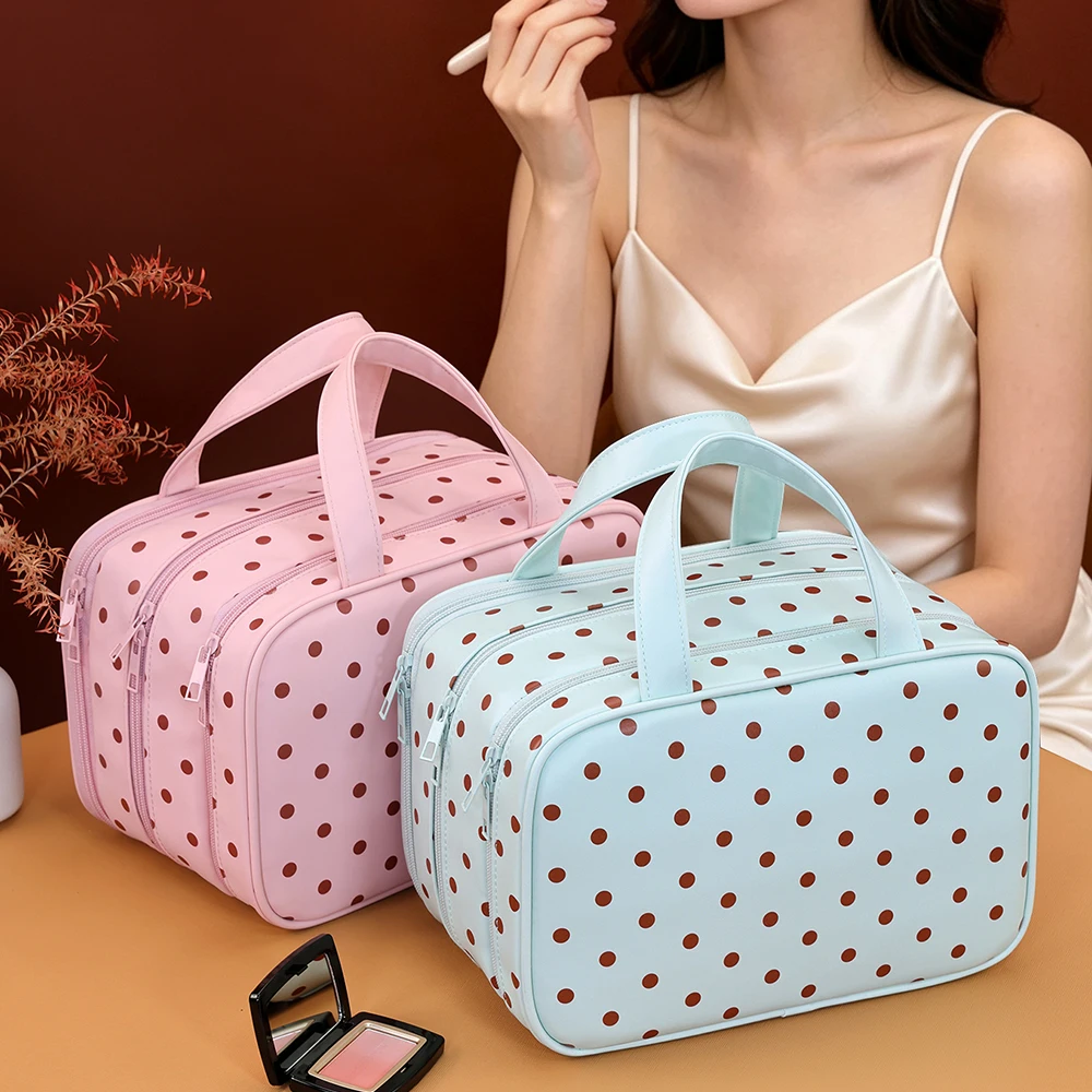 Polka Dot Handheld Makeup Bag Multifunctional Three Layer PU Leather Cosmetic Bag Large Capaci Waterproof Travel Storage Bag