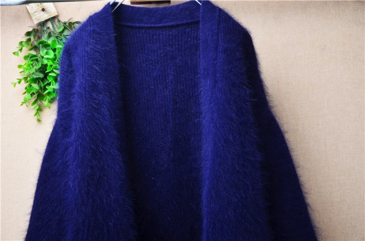 Ladies Women Autumn Winter Clothing Thick Warm Blue Hairy Angora Rabbit Hair knitted Loose Long Sweater Cardigans Mantle Coat