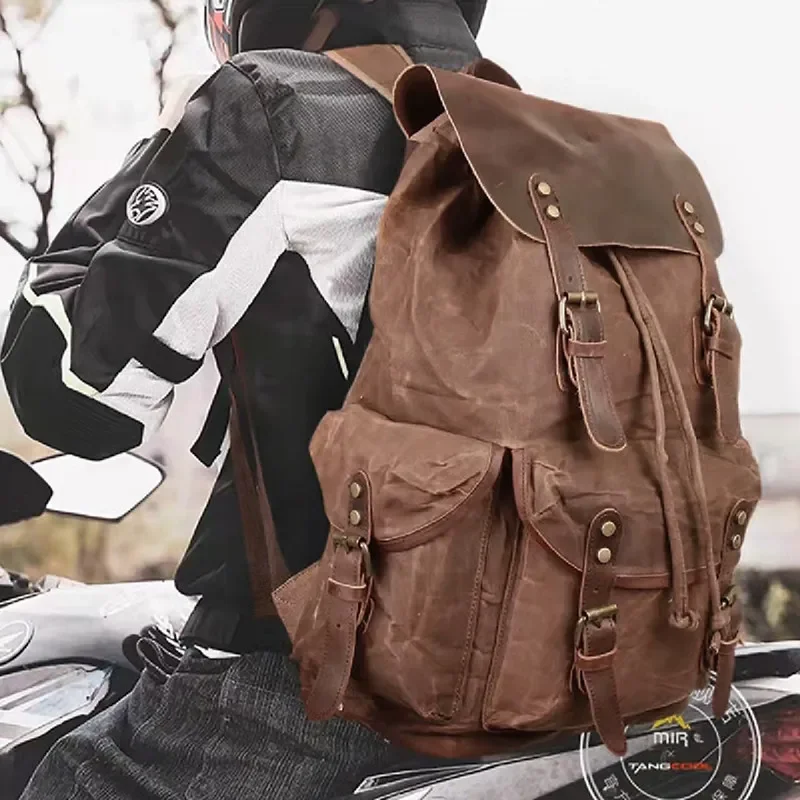 Pepper Salt Vintage Crazy Horse Leather Men's Traveling Knight Backpack Large Capacity Oil Wax Canvas Backpack