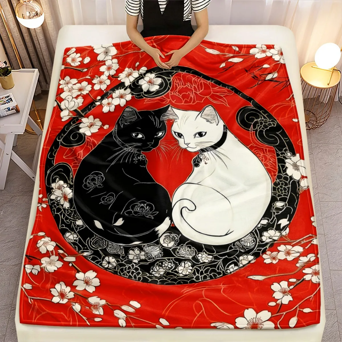Yin yang black and white cats cherry blossom red background blanket Japanese style art soft flannel throw for bedroom decor