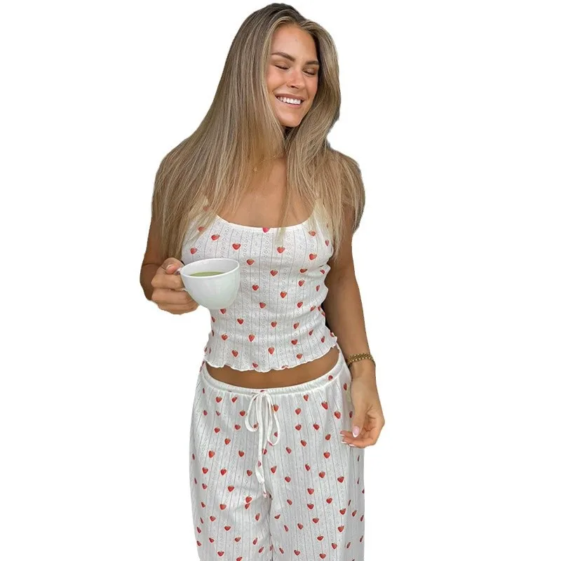 Women's Pajama Set Loungewear Casual Suit Strawberry Print Contrast Camisole Top Tie Straight Leg Pants Pajamas 2 Piece Summer