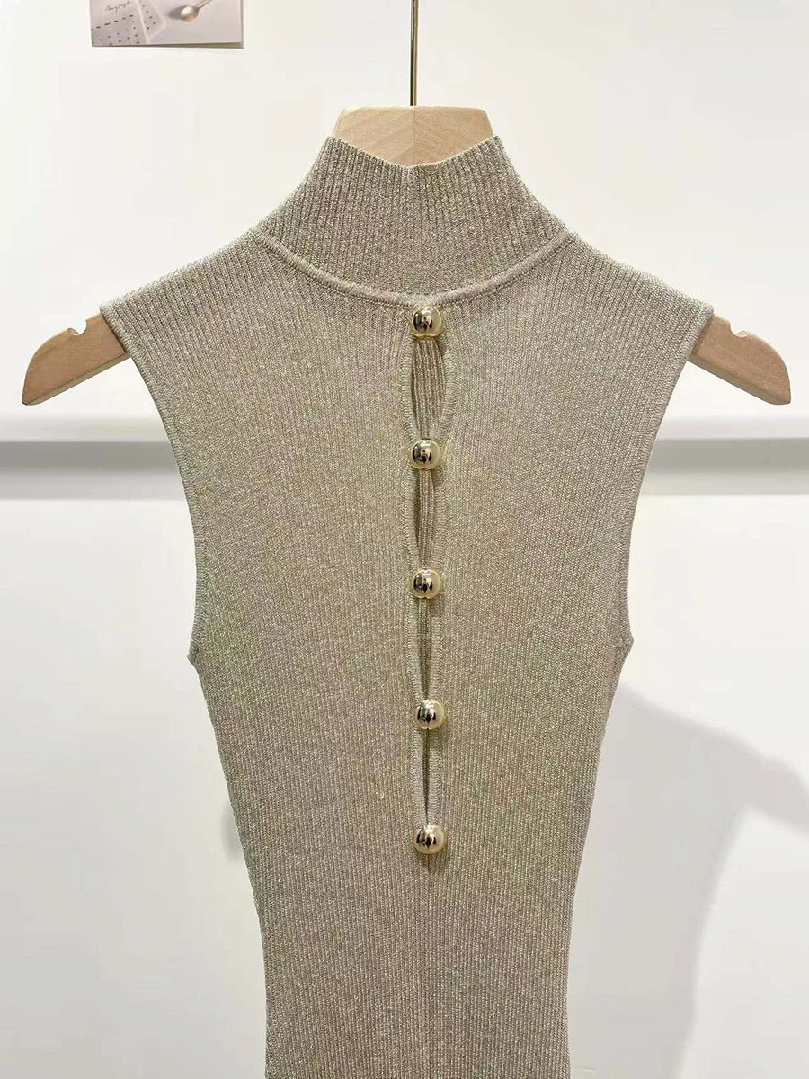 VGH エレガントなスプライスカットアウトドレス女性のためのスタンドカラーノースリーブハイウエストパッチワーク折り目冬ミニマリストドレス女性